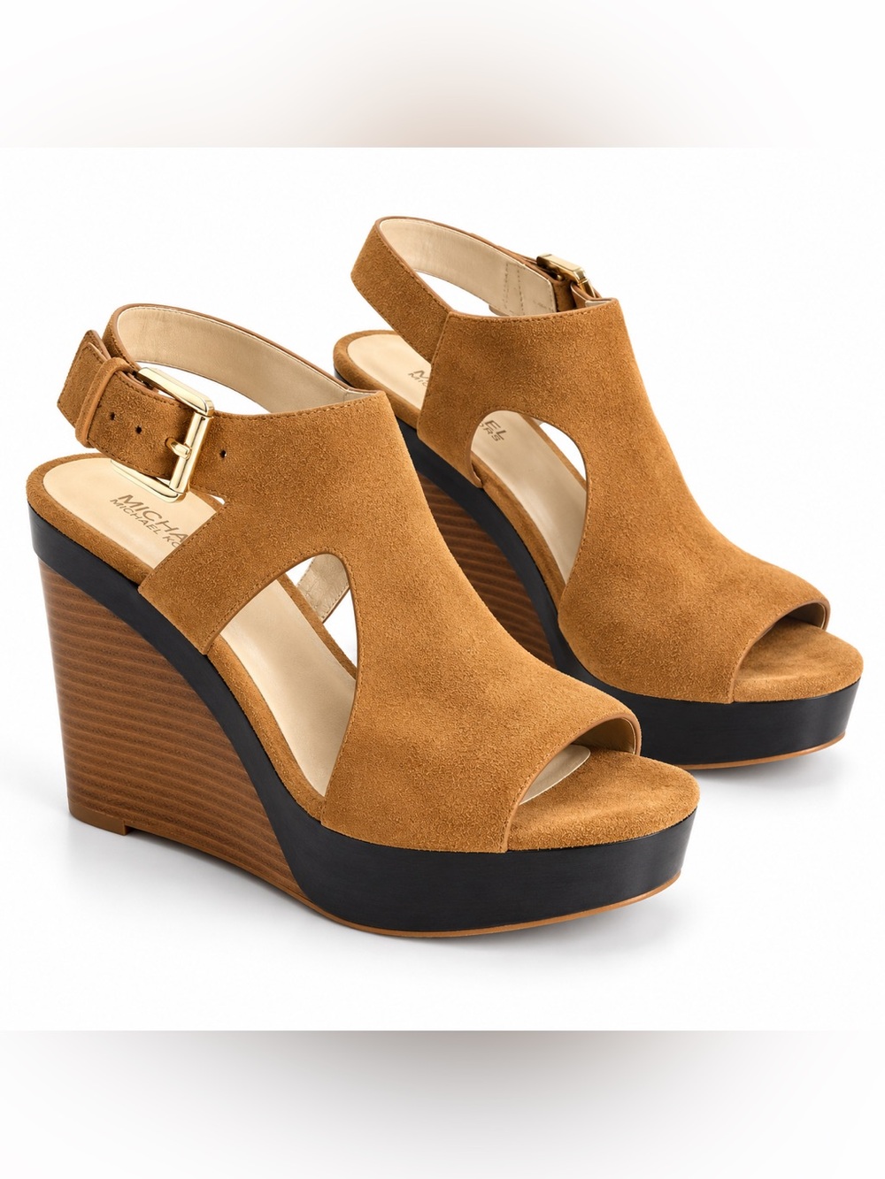 Michael Kors Tan Suede Platform Wedge Sandals 10M Gold Buckle Open Toe 10 Boho